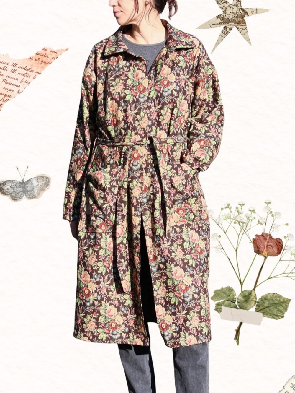 Upcycled Belted Trench Coat Vintage Brown Tapestry Florals Cotton